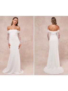 NEW LULUS Beautifully Beloved White Mesh Off-the-Shoulder Maxi Dress L